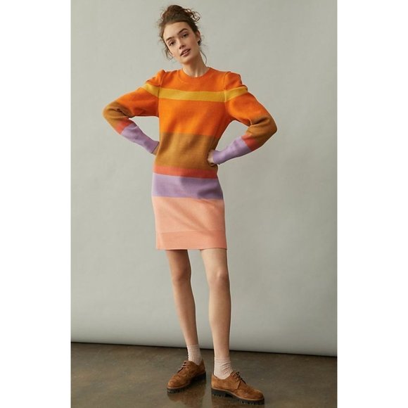 Anthropologie Farm Rio Knit Sweater Tunic Color Block Puff Sleeve Dress Medium - Picture 1 of 5